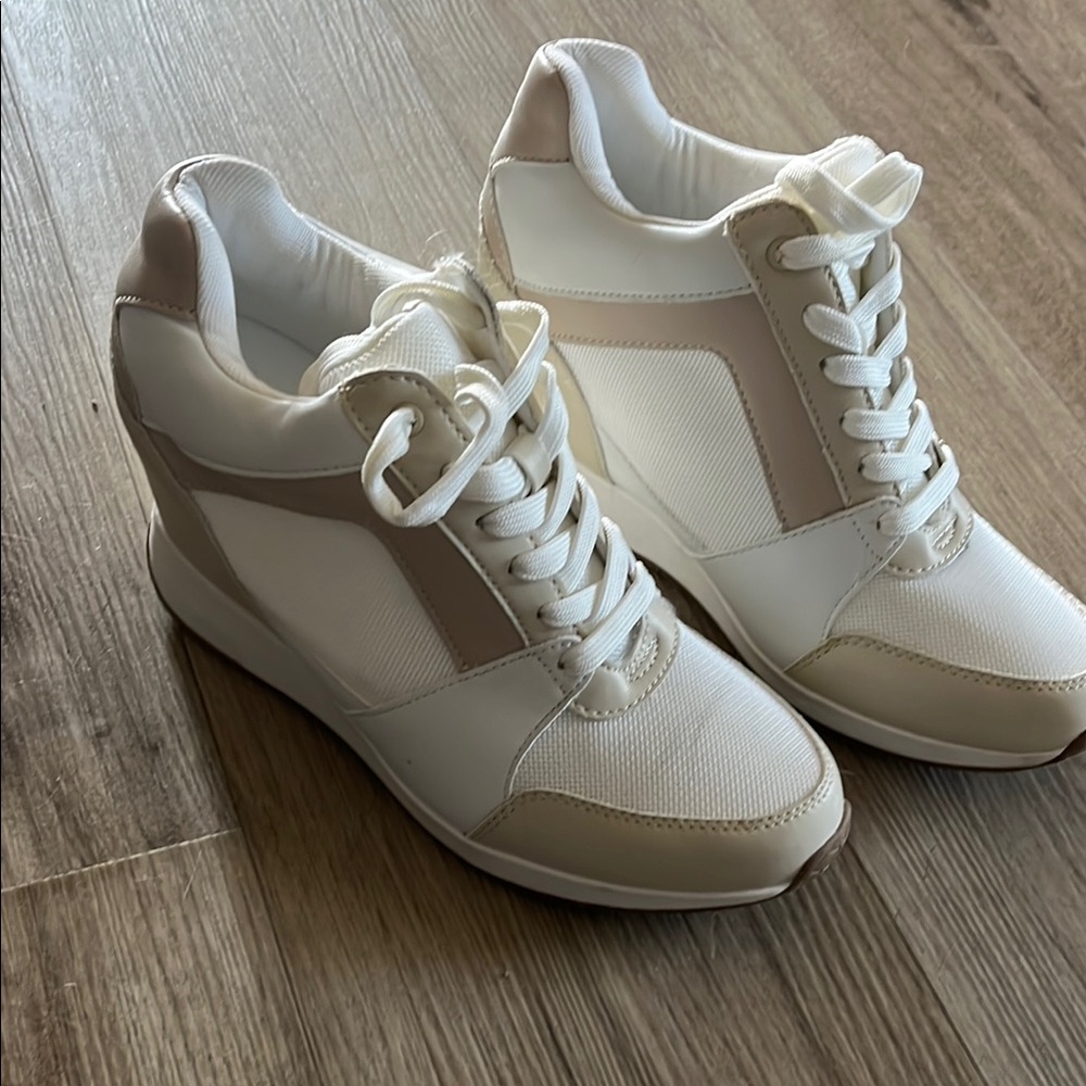 Serra White and Tan Sneakers with Hidden Wedge Heel